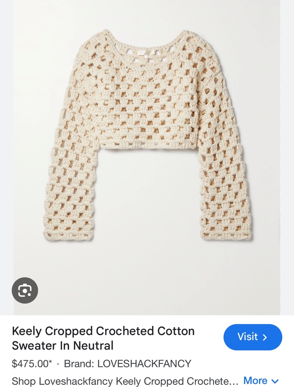 LoveShackFancy Crocheted Cropped Top in Neutral Cream